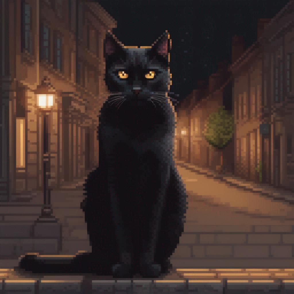 The town Mayor, Aevisia, a magical black cat wearing a pendant in the middle of town in the moonlight.
