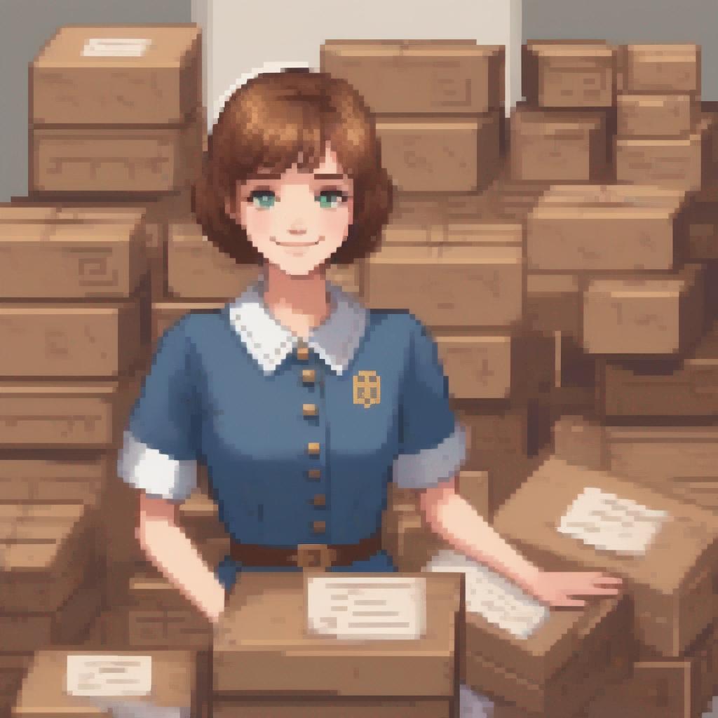 Smiling Elowen with a bunch of packages and letters in the background